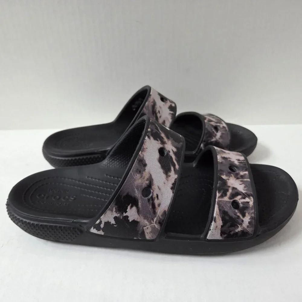 Crocs Shoes Mens 10 Black Tie Dye Double Strap Slides Comfort Beach